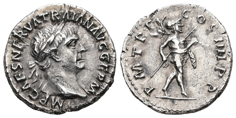 Trajan, AD 98-117. AR, Denarius. 3.10 g. - 18.06 mm. Rome, AD 101-102.
Obv.: IMP...