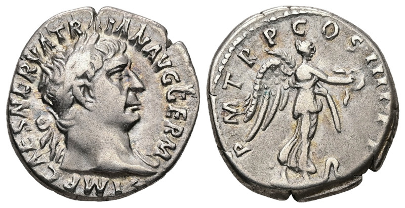 Trajan, AD 98-117. AR, Denarius. 3.43 g. - 18.00 mm. Rome.
Obv.: IMP CAES NERVA ...