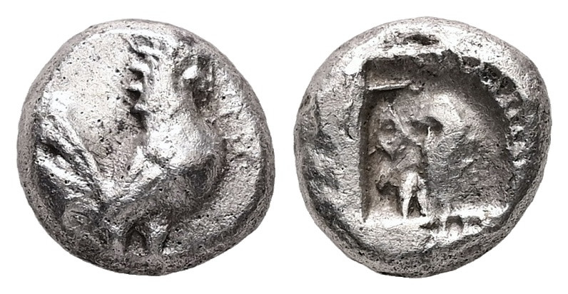 Macedon, Dikaia. AR Diobol, 1.20 g 8.52 mm. Circa 450-425/0 BC.
Obv: Rooster sta...