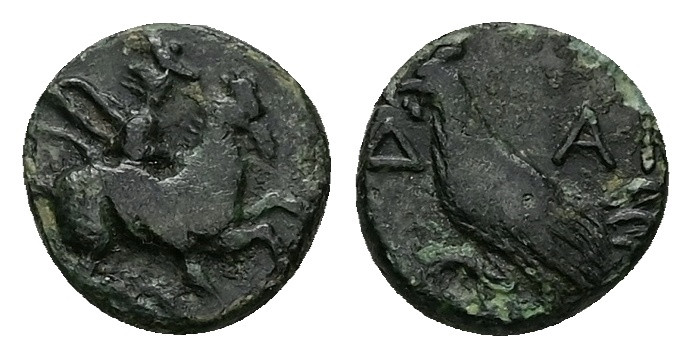 Troas, Dardanos. Ae, 0.95 g 9.96 mm. 4th century BC.
Obv: Horseman galloping rig...