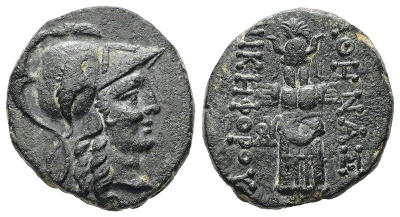 Mysia, Pergamon. Ae, 4.84 g 18.95 mm. Circa 133-27 BC. 
Obv: Helmeted head of At...