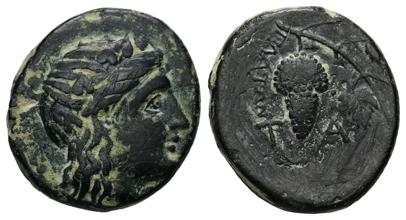 Aeolis, Temnos. Ae, 4.28 g 18.06 mm. 3rd century BC. Platon, magistrate.
Obv: He...