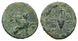 Ionia, Chios. Ae, 1.94 g 13.85 mm. Circa 84-27 BC. Menophilos, magistrate.
Obv: Sphinx seated right, forepaw raised over bunch of grapes.
Rev: MHNOΦΙΛ...