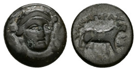 Ionia, Klazomenai. Ae, 2.66 g 13.72 mm. 4th century BC. Phanagoras, magistrate.
Obv: Helmeted head of Athena facing slightly right.
Rev: ΦANAΓOPAΣ. Ra...