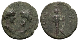 Troas, Ilium. Marcus Aurelius and Lucius Verus, AD 161-161. AE. 3.54 g. 19.15 mm.
Obv: ΑΥΜΑΝΤωΝΕΙΝοϹΑΥΛοΥΗΡοϹ. Laureate heads of Marcus Aurelius (on l...