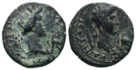 Mysia, Pergamum. Pseudo-autonomous, Time of Claudius to Nero (AD 41-68). AE. 2.51 g. 17.99 mm.
Obv: [ΘƐ]ΑΝ ΡΩΜΗΝ. Turreted and draped bust of Roma, fr...