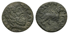 Ionia, Smyrna. Pseudo-autonomous, AD 161-166. AE. 3.10 g 17.06 mm.
Obv: ΖƐVϹΑΚΡΑΙΟϹ. Head of Zeus Akraios, right.
Rev: ϹΜVΡΝΑΙΩΝ. Griffin standing, ri...