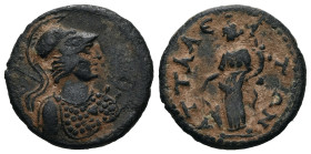 Lydia, Attalea. Pseudo-autonomous, c. AD 180-218. AE. 3.28 g. 18.47 mm.
Obv: Helmeted head of Athena right, with aegis.
Rev: ATTAΛEATΩN. Tyche, turret...