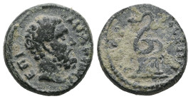 Lydia, Nacrasa. Pseudo-autonomous, c. AD 139-144. AE. 3.21 g. 15.93 mm.
Obv: ΕΠΙ […]. Head of Heracles bearded, right.
Rev: ΝΑΚΡΑϹΕΩΝ. Serpent coiled ...
