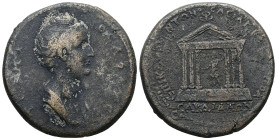 Lydia, Sardis. Faustina I, c. AD 140-144. AE. 24.20 g. 35.00 mm. 
Obv: Draped bust of the deified Faustina I, right.
Rev: Temple with six columns encl...
