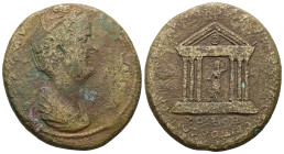 Lydia, Sardis. Faustina I, c. AD 140-144. AE. 25.73 g. 35.09 mm. 
Obv: Draped bust of the deified Faustina I, right.
Rev: Temple with six columns encl...
