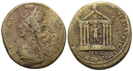 Lydia, Sardis. Faustina I, c. AD 140-144. AE. 25.74 g. 34.15 mm. 
Obv: Draped bust of the deified Faustina I, right.
Rev: Temple with six columns encl...