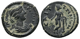 Lydia, Saitta. Crispina, AD 178-182. AE. 3.23 g. 17.91 mm.
Obv: ΚΡΙϹΠΙΝΑ ϹΕΒΑϹΤΗ. Draped bust of Crispina, right.
Rev: ϹΑΙΤΤΗΝωΝ. Nude Apollo standing...