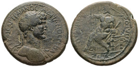 Caria,  Alabanda. Hadrian, AD 117-138. AE. 16.12 g. - 32.22 mm.
Obv.: ΑΥΤ ΚΑΙ CAP ΤΡΑΙΑΝΟϹ ΑΔΡΙΑΝΟϹ ϹЄΒA. Laureate bust of Hadrian, right, with drape...