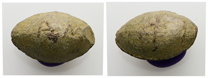 PB Greek sling bullet.
Weight: 33.83 g.
Diameter: 26.16 mm.