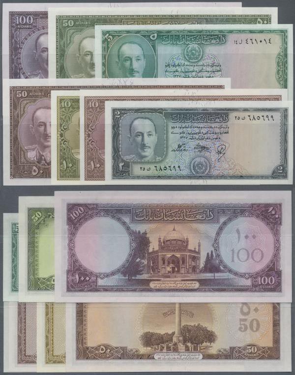 Afghanistan: interesting lot of 7 banknotes containing 2 to 100 Afghanis ND P.28...