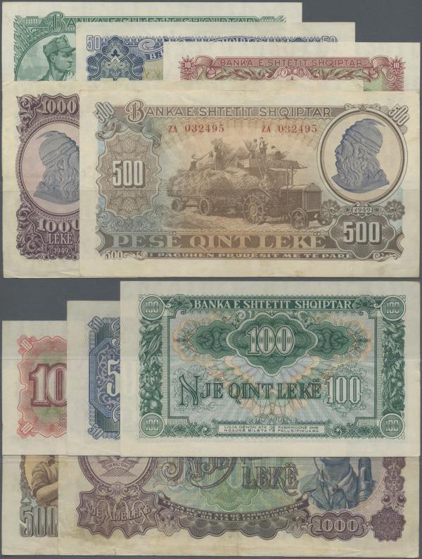 Albania: Banka e Shtetit Shqiptar set with 5 Banknotes series 1949 with 10, 50, ...