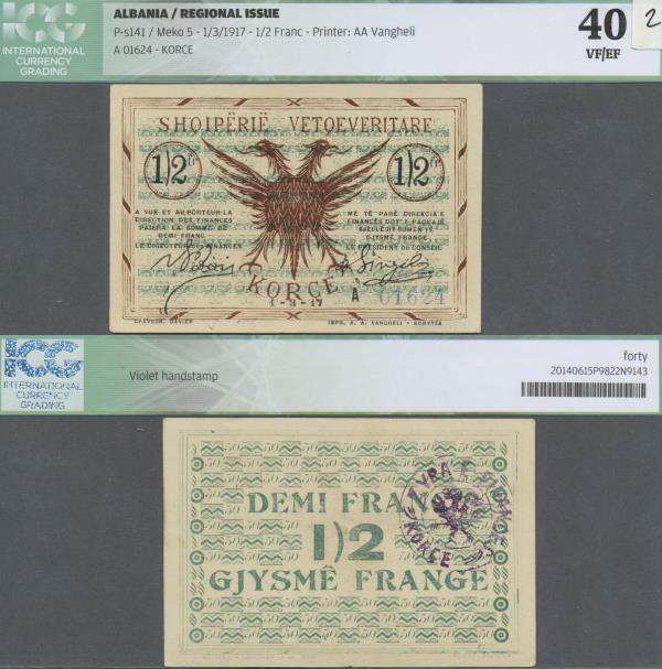 Albania: 1/2 Franc 01.03.1917 P. S141, printer AA Vangheli, S/N #A01624 with cen...