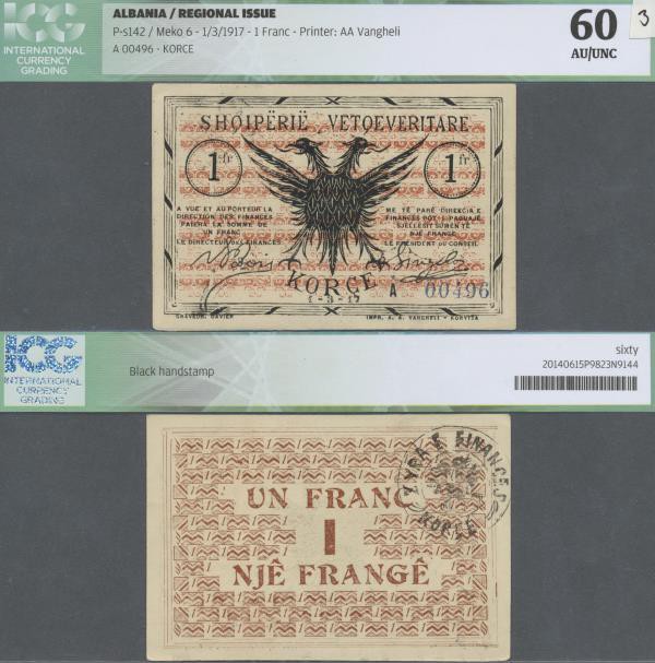 Albania: 1 Franc 1917 P. S142, printer AA Vangheli, S/N #A00496, unfolded, light...