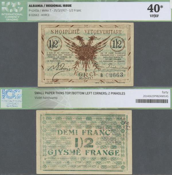 Albania: 1/2 Franc 1917 P. S143a, one vertical fold, no holes or tears, corner f...