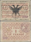 Albania: 1 Frang 10.10.1917 P. S146, used with one vertical fold and light handling / dints in paper, no holes, one 5mm tear at upper border along cen...