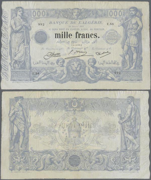 Algeria: 1000 Francs 1924 P. 76b, used with folds and creases, several pinholes,...