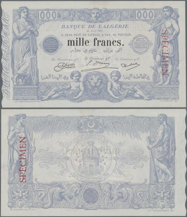 Algeria: very rare 1000 Francs 1924 Specimen P. 76s, w/o serial numbers and with...
