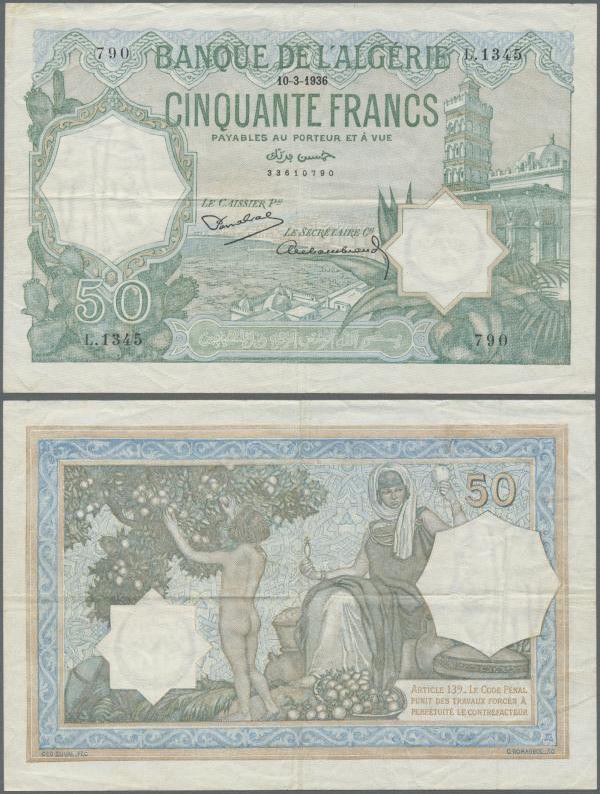 Algeria: Banque de l'Algerie 50 Francs 1936, P.80, very nice condition with stro...