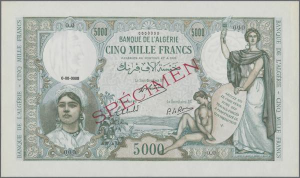 Algeria: highly rare color trial Specimen of 5000 Francs ND(1942) P. 90cts in gr...