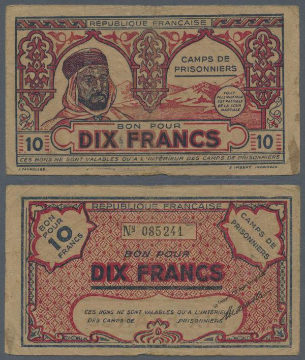 Algeria: POW camp North Africa 10 Francs ND, Campbell 2339, several folds and a ...