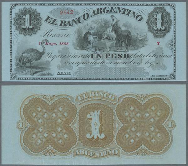 Argentina: El Banco Argentino 1 peso 1868 remainder, P.S1531 in UNC condition