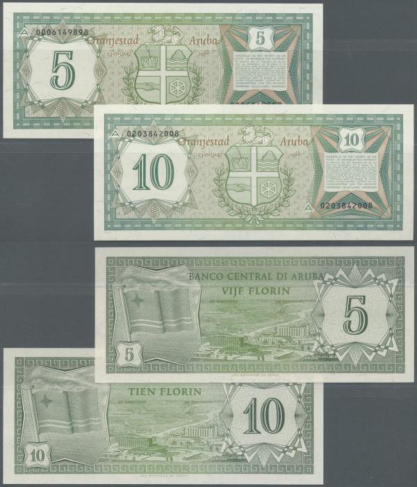 Aruba: set of 2 notes containing 5 & 10 Florin 1986 P. 1, 2, both in crisp origi...