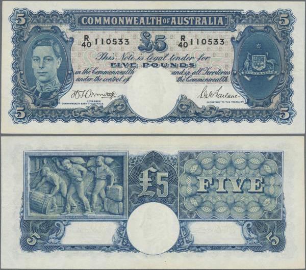 Australia: 5 Pounds ND portrait KGIV P. 27b, strong paper, pressed dry, light ce...