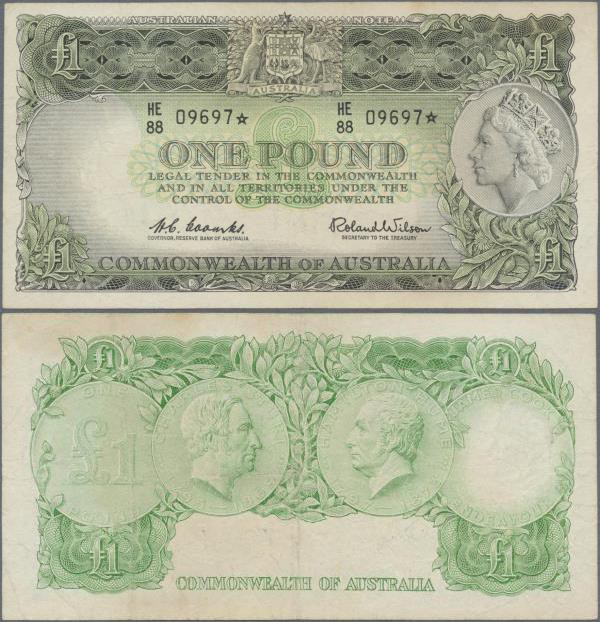 Australia: 1 Pound ND(1953-60) QEII P. 34r replacement / star note, used with fo...