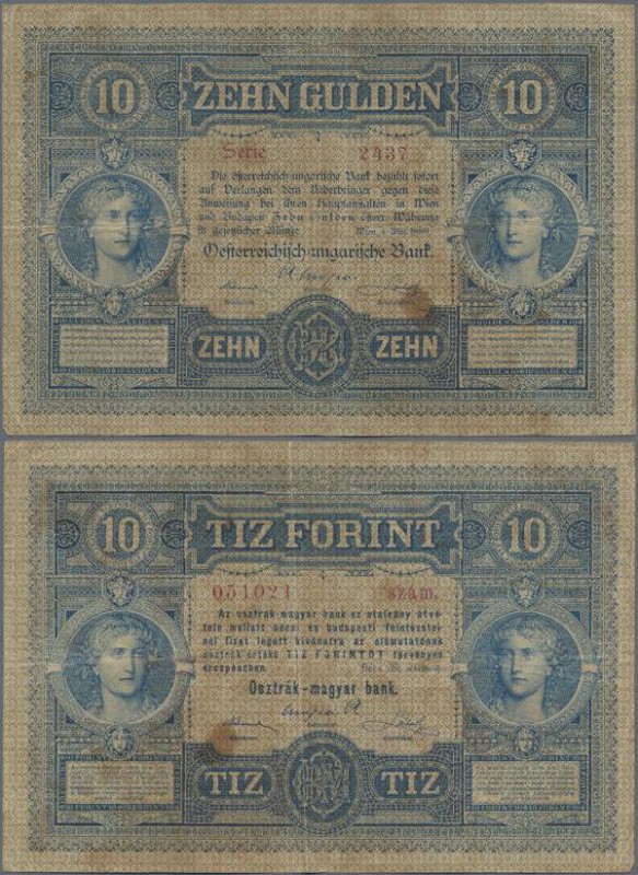 Austria: 10 Gulden 1880 P. 1, S/N 031021, used with several folds, stain in pape...