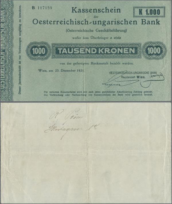 Austria: 1000 Kronen 1918 P. 37, highly rare issue, stronger center fold, light ...