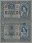 Austria: 1000 Kronen 1920 P. 48 stamped on 1000 Kronen 1902, center and horizontal fold, no holes or tears, crispness in paper, bright colors, conditi...