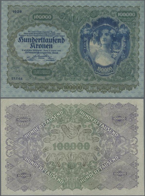 Austria: 100.000 Kronen 1922 P. 81, center fold, light corner bend, no holes or ...