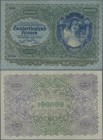 Austria: 100.000 Kronen 1922 P. 81, center fold, light corner bend, no holes or tears, crispness in paper and original colors, condition: VF+ to XF-.