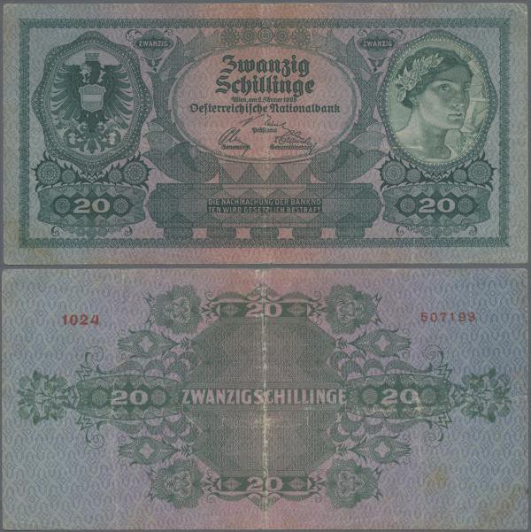 Austria: 20 Schilling 1925, P.90 in used condition with several folds, stronger ...