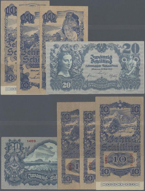 Austria: set of 4 notes containing 10 Schilling (2nd issue) 1945 (VF) P. 114, 2x...