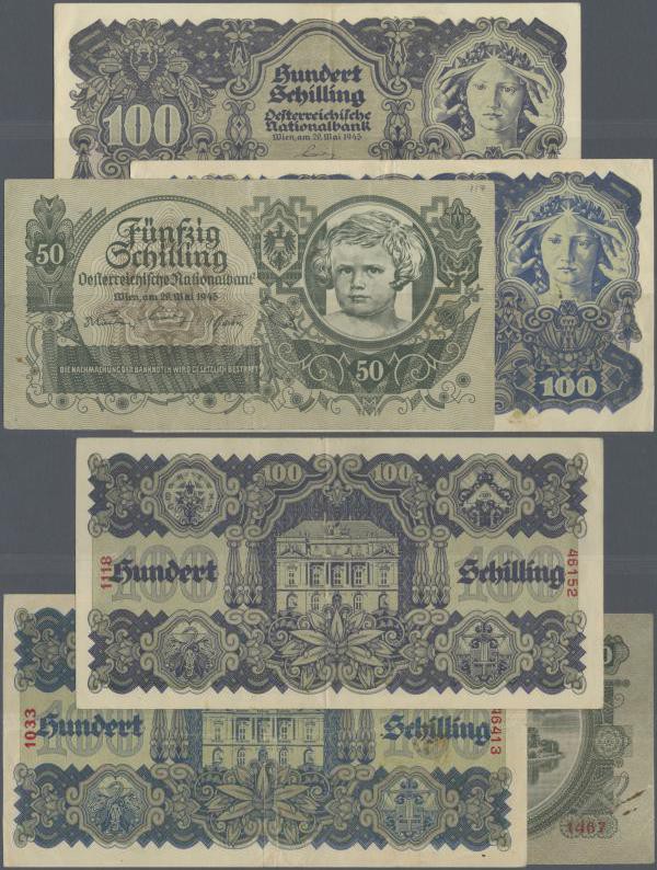 Austria: set of 3 notes containing 2x 100 Schilling 1945 P. 117 with lightly dif...