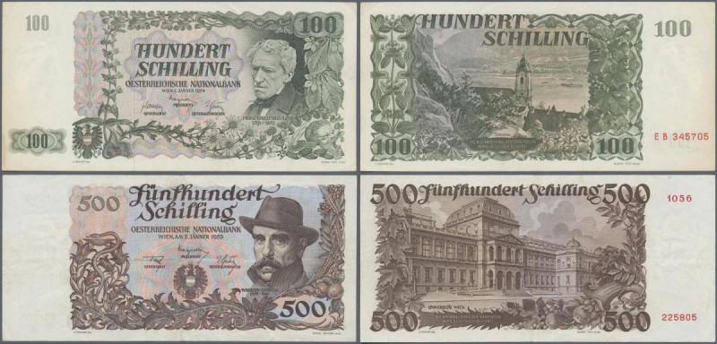 Austria: set of 2 notes containing 100 Schilling 1954 P. 133, light handling in ...