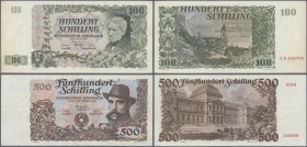 Austria: set of 2 notes containing 100 Schilling 1954 P. 133, light handling in paper, 2 pinholes, no tears, crispness in paper, corner bend, original...
