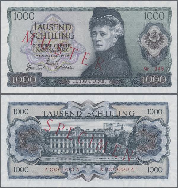 Austria: 1000 Schilling 1966 Specimen P. 147s, portrait ”Bertha v. Suttner”, wit...