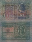 Austria: FIUME 100 Korona 1912 P. S115d withh large stamp ovpt. at left and additional round stamp at lower right, seldom seen, used note, folds, cond...