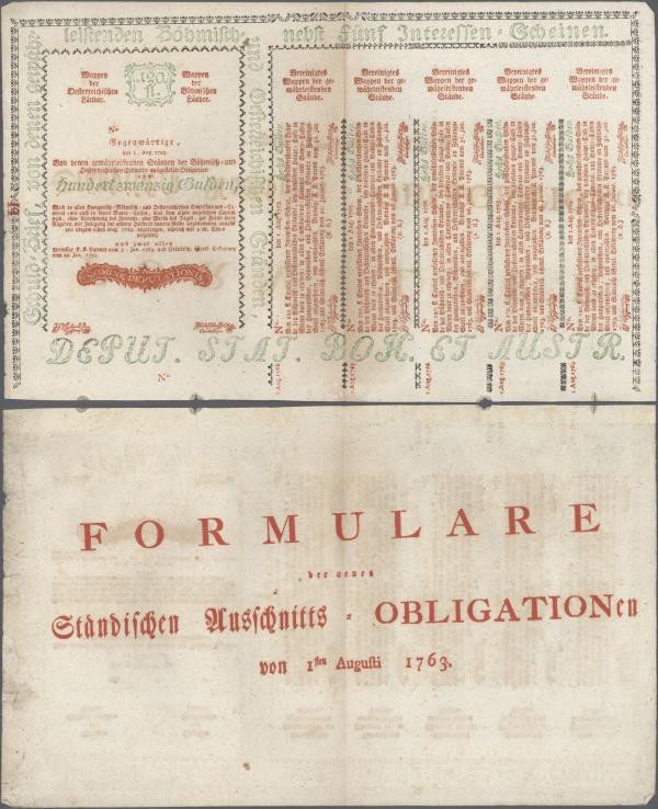 Austria: 120 Gulden 1763 Obligation Vienna, PR W13), complete sheet in condition...