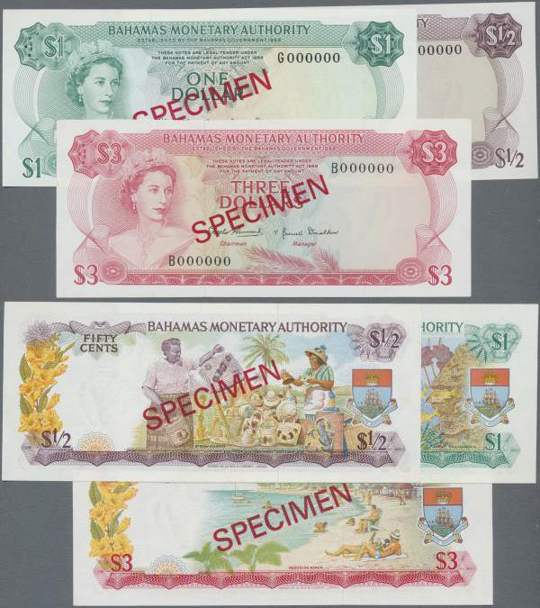 Bahamas: set of 3 Specimen banknotes containing 1/2, 1 and 3 Dollars 1968, P. 26...