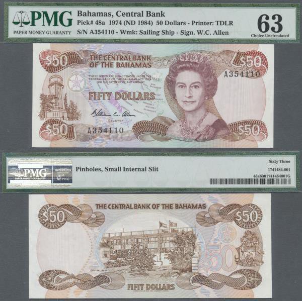 Bahamas: 50 Dollars ND(1984), P.48a, PMG graded 63 Choice Uncirculated