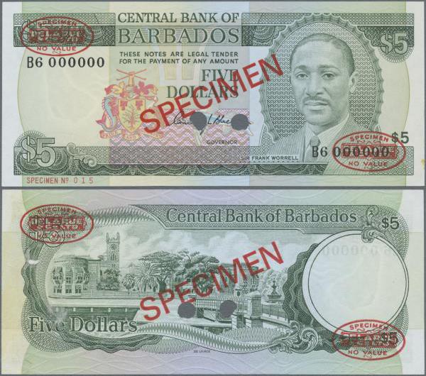 Barbados: 5 Dollars ND Specimen P. 32s, with zero serial numbers and red specime...